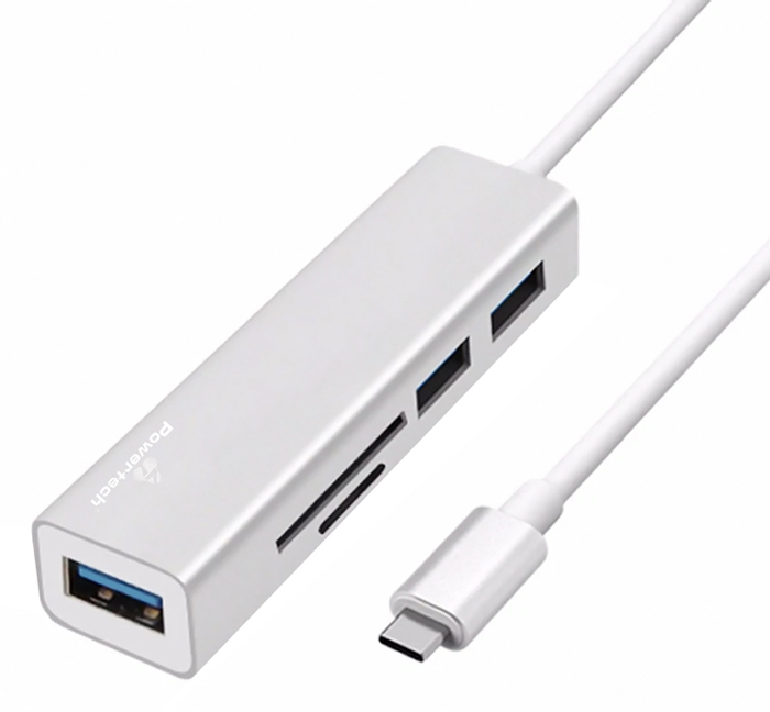 POWERTECH USB-C hub PT-926, 3x USB, SD/Micro SD, ασημί